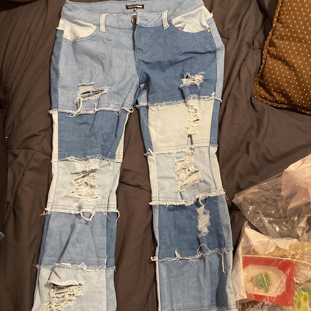 Fashion nova patchwork ripped bell bottoms